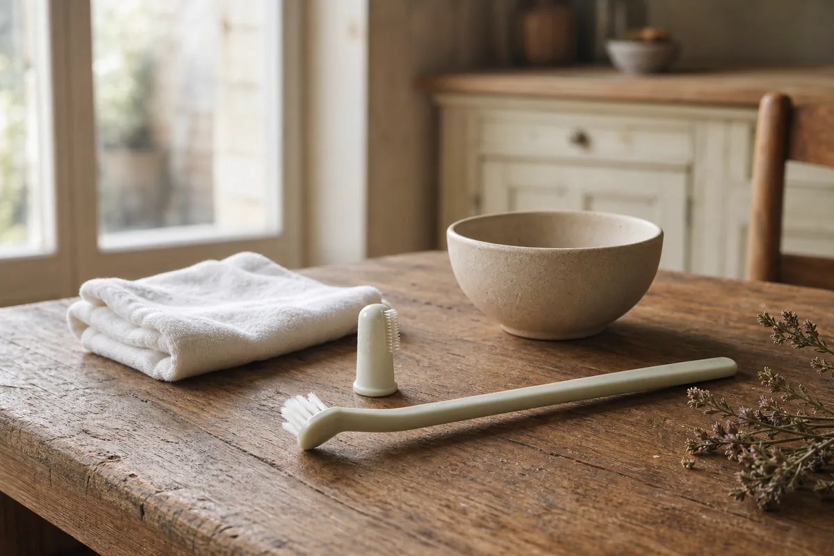 Brosse à dents canine et doigtier en silicone posés sur une table en bois