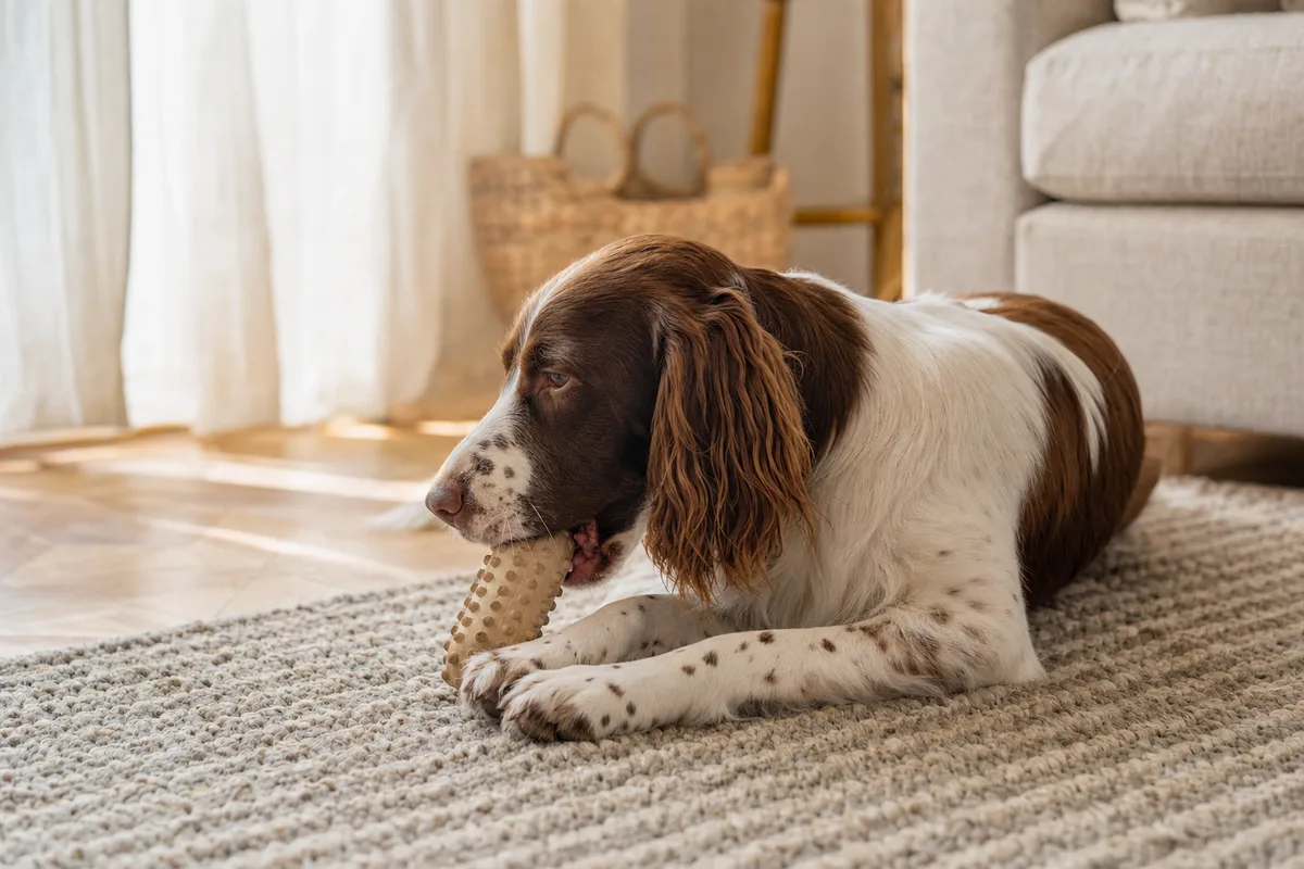 Chien allongé sur un tapis mâchant un jouet en caoutchouc à picots dans un salon