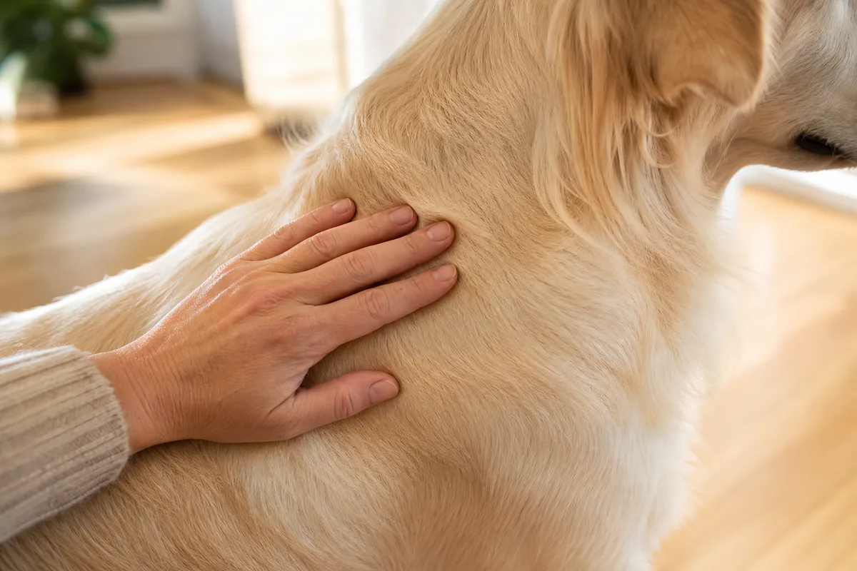 Une main posée sur le pelage clair du chien assis dans un salon lumineux