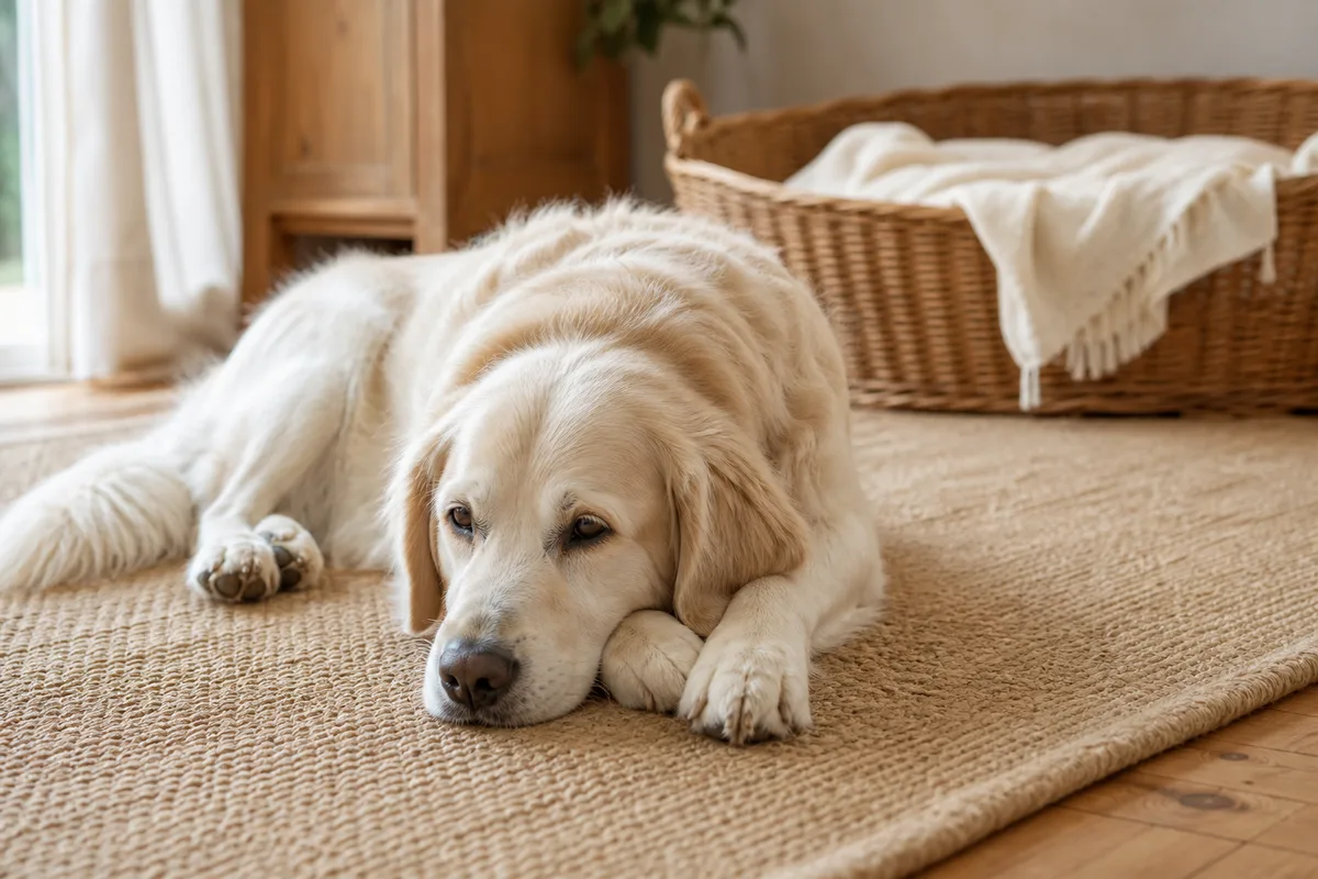 Chien au poil clair couché sur un tapis beige près du panier en osier