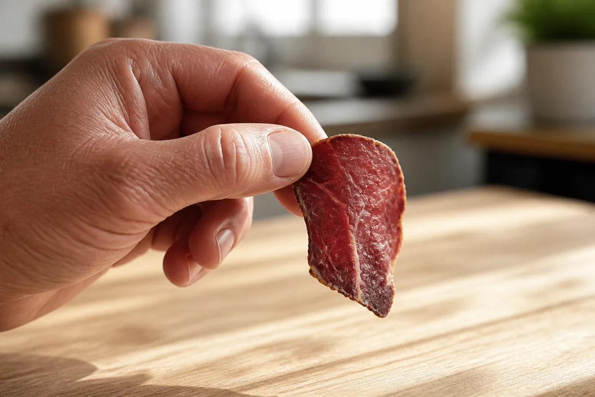Main tenant une lamelle de viande séchée au-dessus d&rsquo;un plan de travail en bois clair