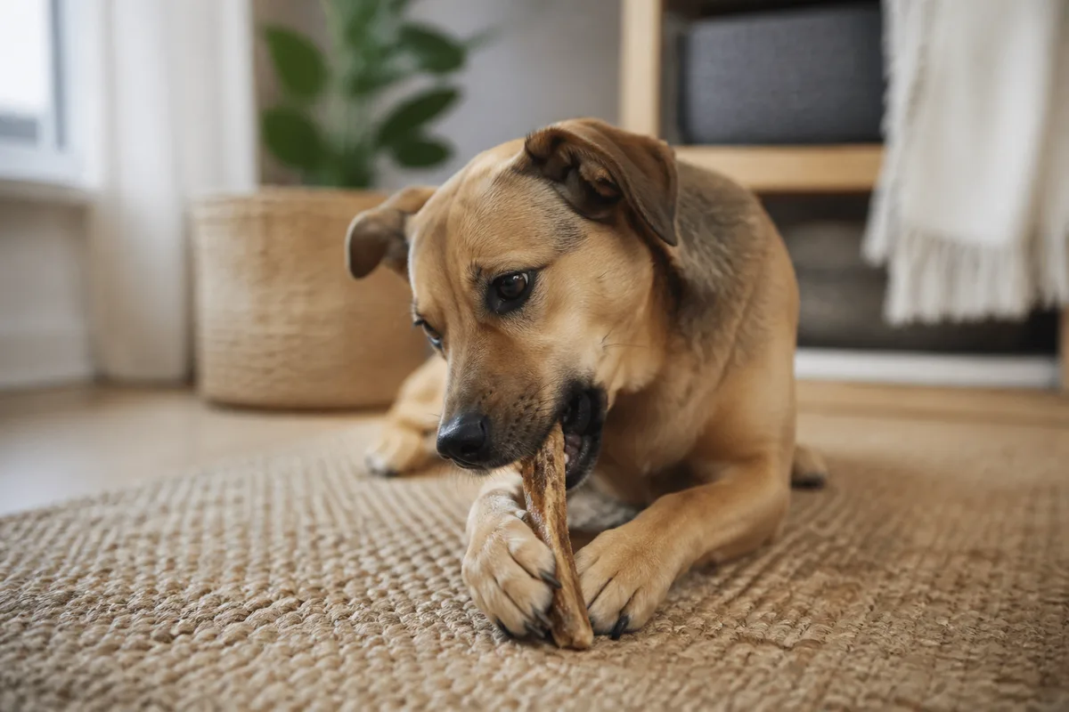 Chien de taille moyenne allongé sur un tapis en fibres naturelles, une mastication entre les pattes