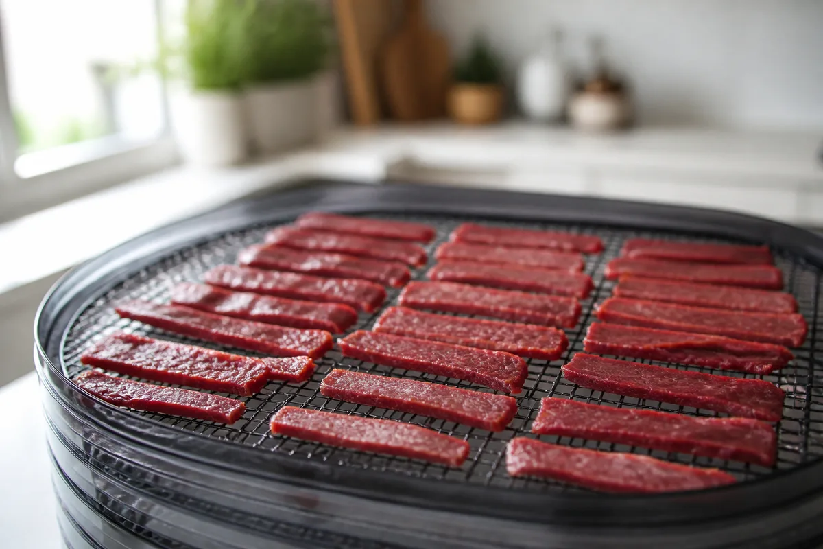 Lamelles de viande maigre disposées sur une grille de déshydrateur dans une cuisine claire