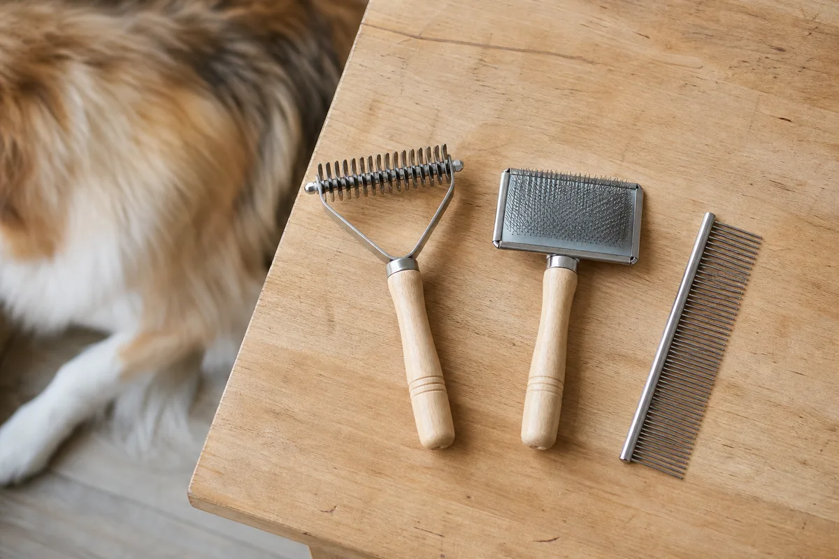 Râteau à sous-poil et carde posés près d un chien à poil dense