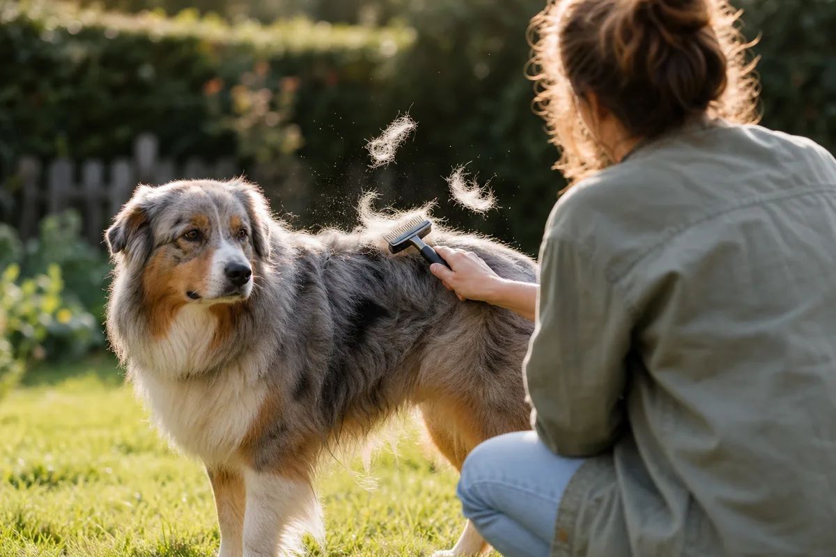 Chien à double manteau brossé en extérieur pendant la mue de printemps