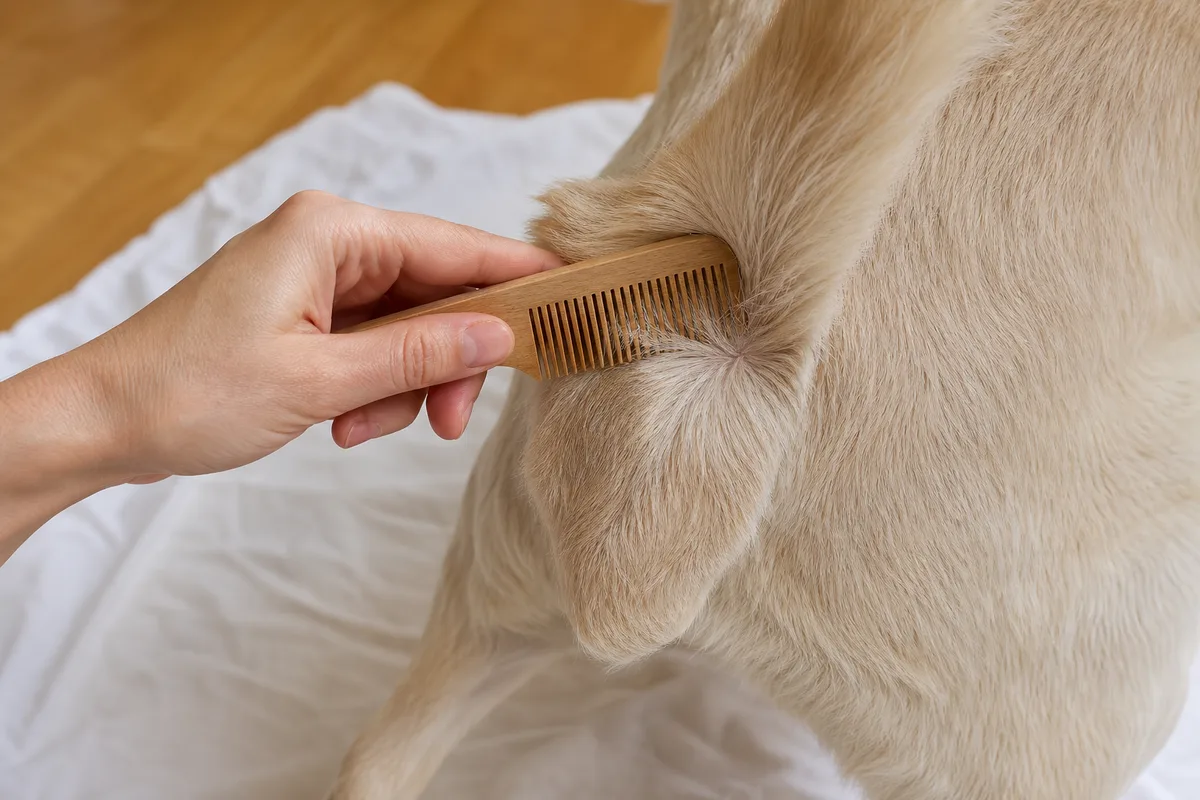 Peigne fin en bois passé à contre-poil dans le pelage clair du chien au-dessus du linge blanc