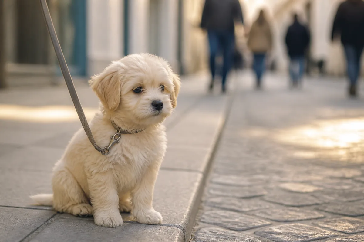 Chiot assis sur un trottoir pavé observant calmement la rue pendant sa socialisation