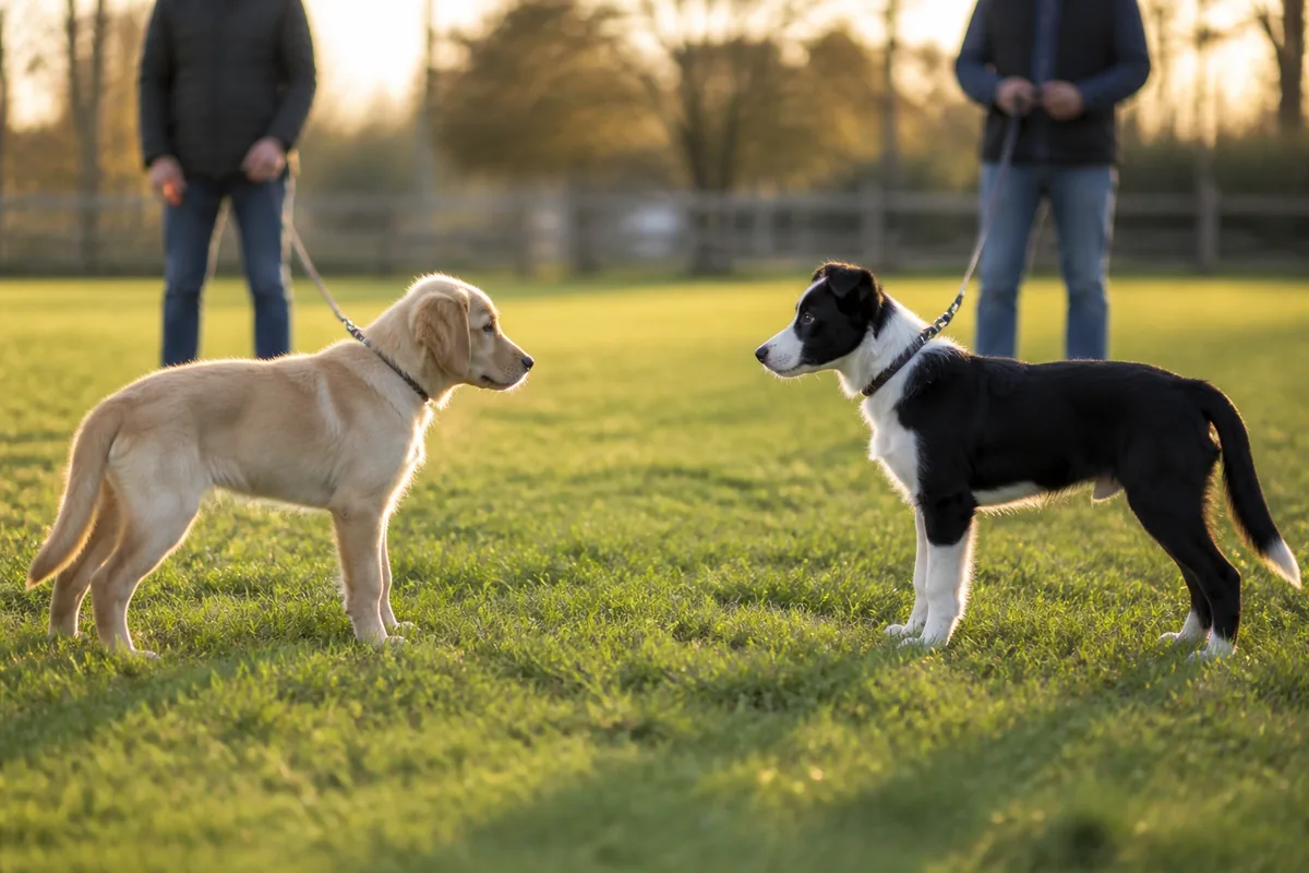 Deux jeunes chiens qui se rencontrent à bonne distance sur une pelouse lors d&rsquo;une séance encadrée
