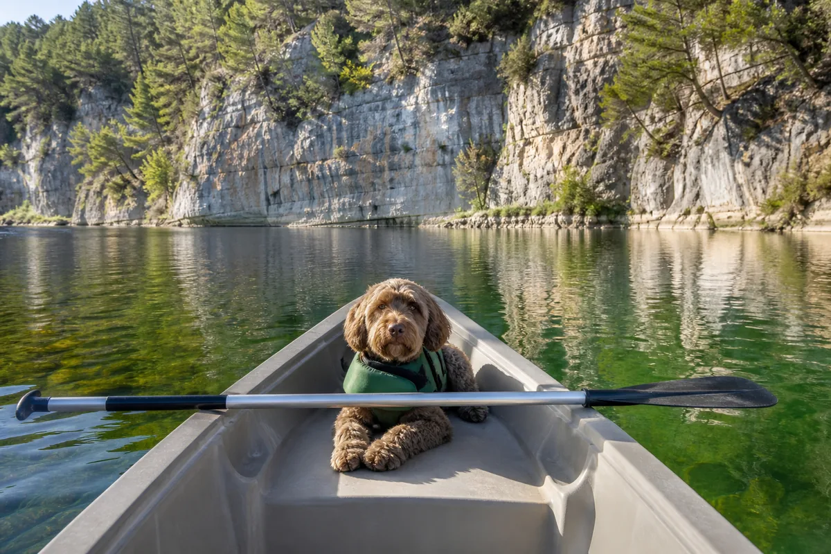 Chien assis dans un canoë sur la rivière Ardèche au pied d&rsquo;une falaise calcaire